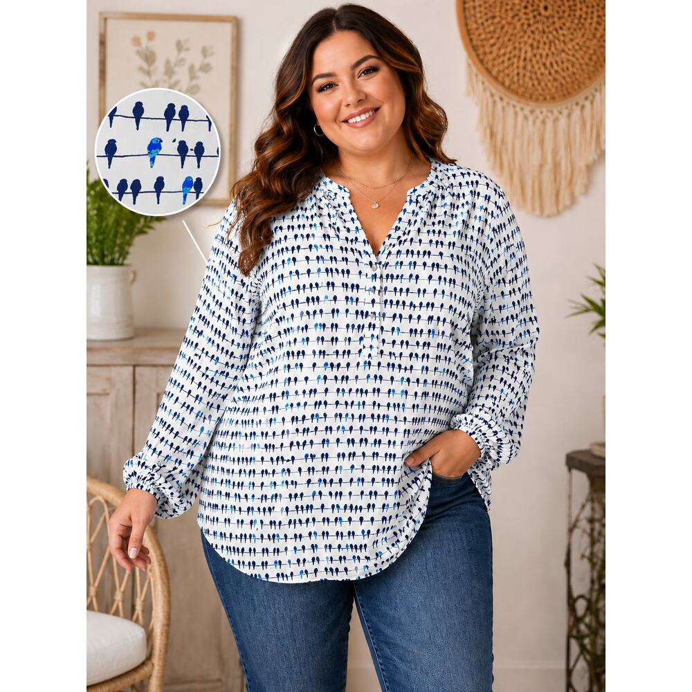 Jane & Delancey Bird Print Rayon Blouse Plus Size 2X Blue White Boho Tunic Top